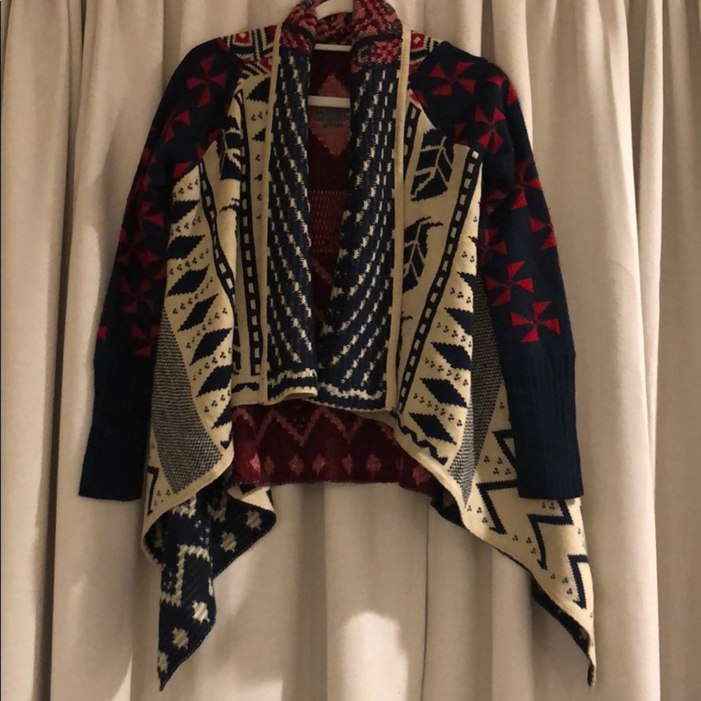 GUC blue and red patterned open cardigan sweater